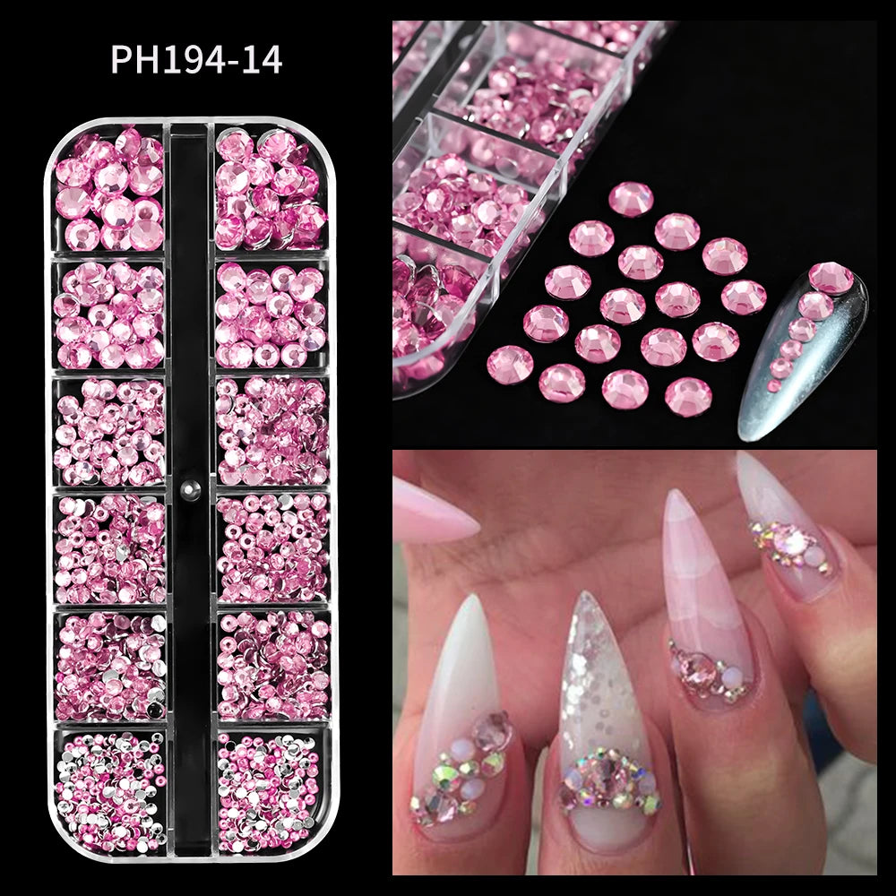 Strass Pour Ongles Rouges, 12 Grilles, 2/3/4/5Mm, Dos Plat, Cristal, Diamant SS6/10/16/20/30, Breloques Mixtes En Verre De Luxe