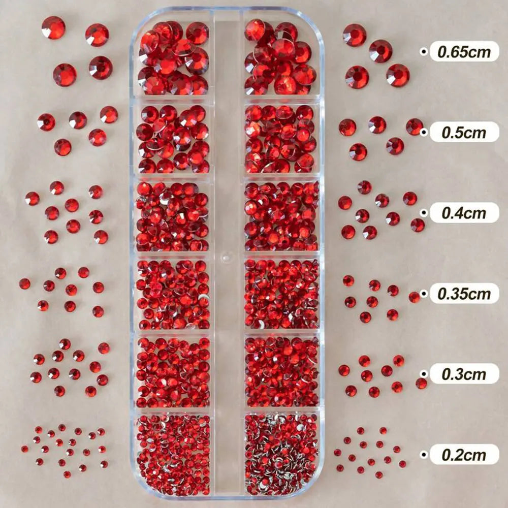 Strass Pour Ongles Rouges, 12 Grilles, 2/3/4/5Mm, Dos Plat, Cristal, Diamant SS6/10/16/20/30, Breloques Mixtes En Verre De Luxe