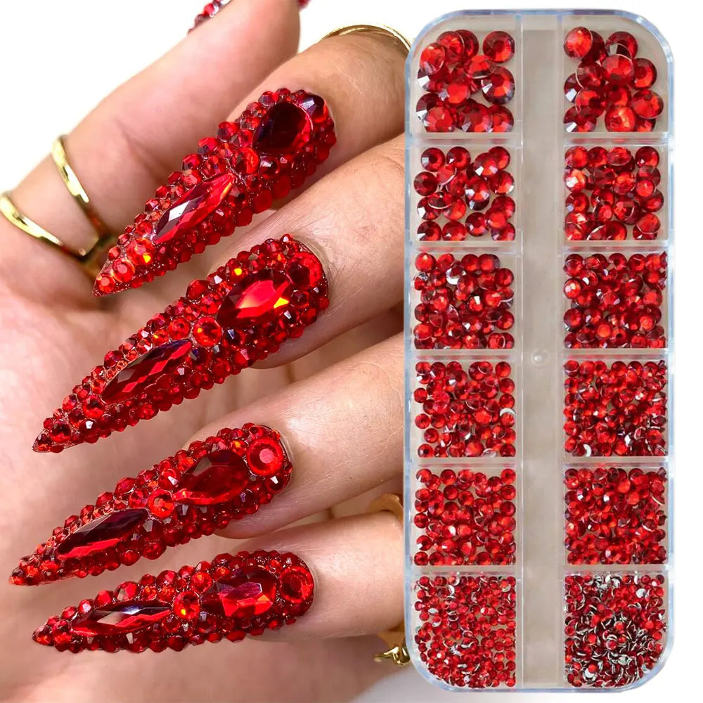 Strass Pour Ongles Rouges, 12 Grilles, 2/3/4/5Mm, Dos Plat, Cristal, Diamant SS6/10/16/20/30, Breloques Mixtes En Verre De Luxe