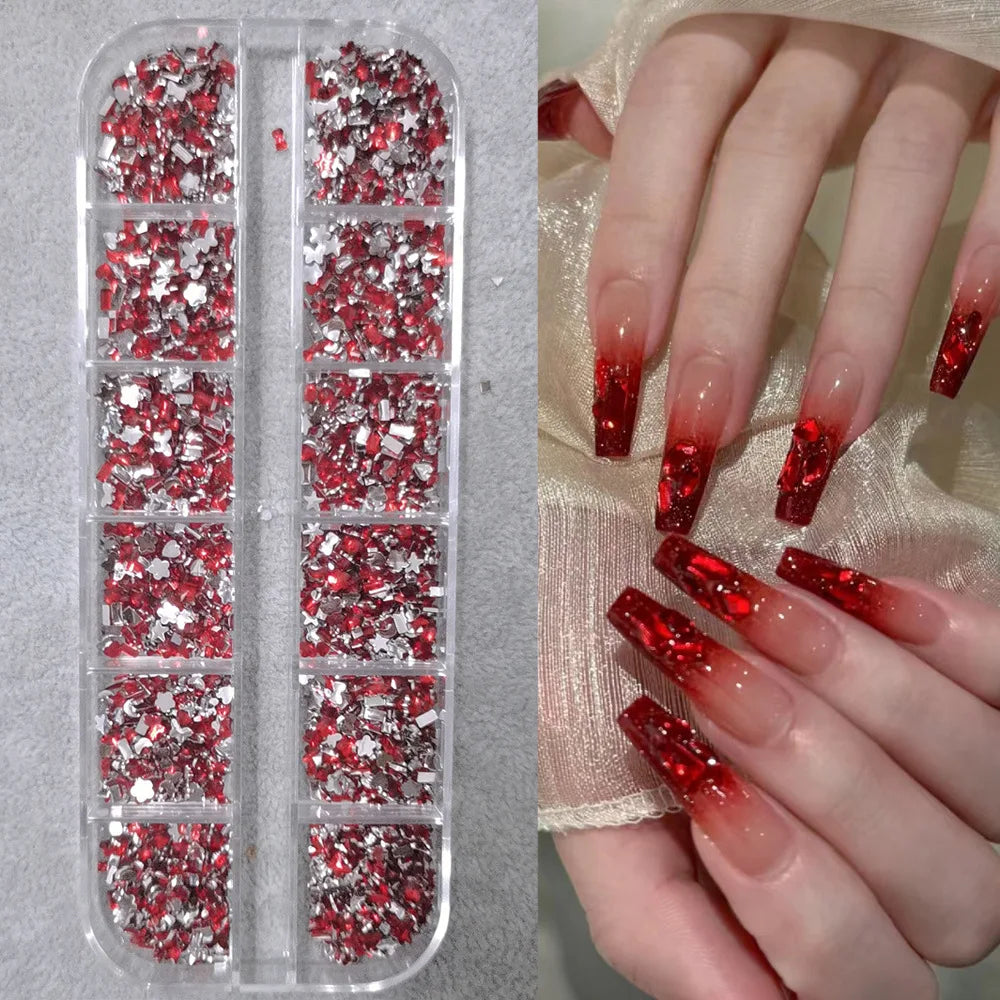 Strass Pour Ongles Rouges, 12 Grilles, 2/3/4/5Mm, Dos Plat, Cristal, Diamant SS6/10/16/20/30, Breloques Mixtes En Verre De Luxe