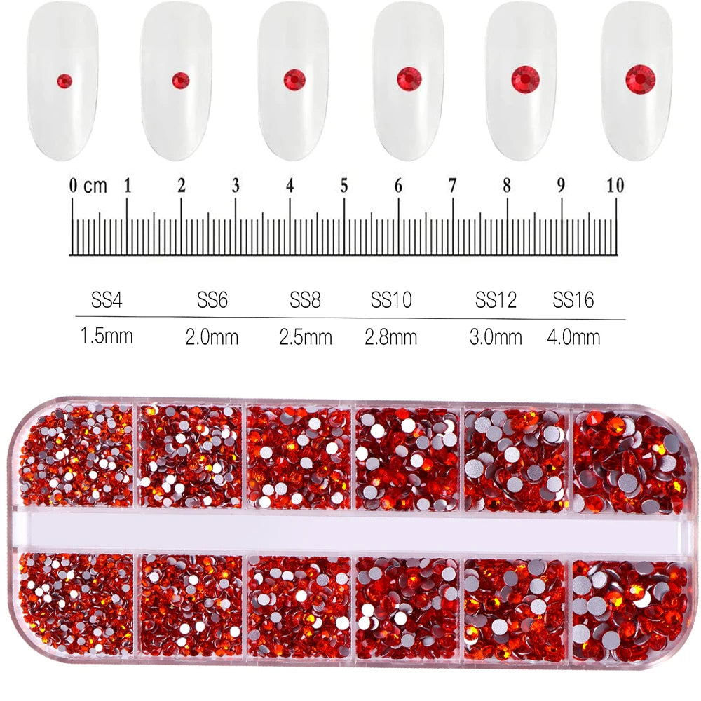 Strass Pour Ongles Rouges, 12 Grilles, 2/3/4/5Mm, Dos Plat, Cristal, Diamant SS6/10/16/20/30, Breloques Mixtes En Verre De Luxe